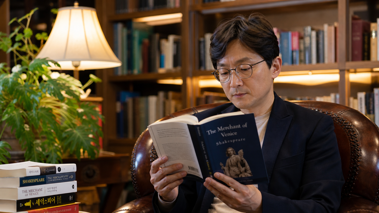 현대적인 한국 학자가 아늑한 도서관에서 셰익스피어의 '베니스의 상인'을 읽고 있는 모습