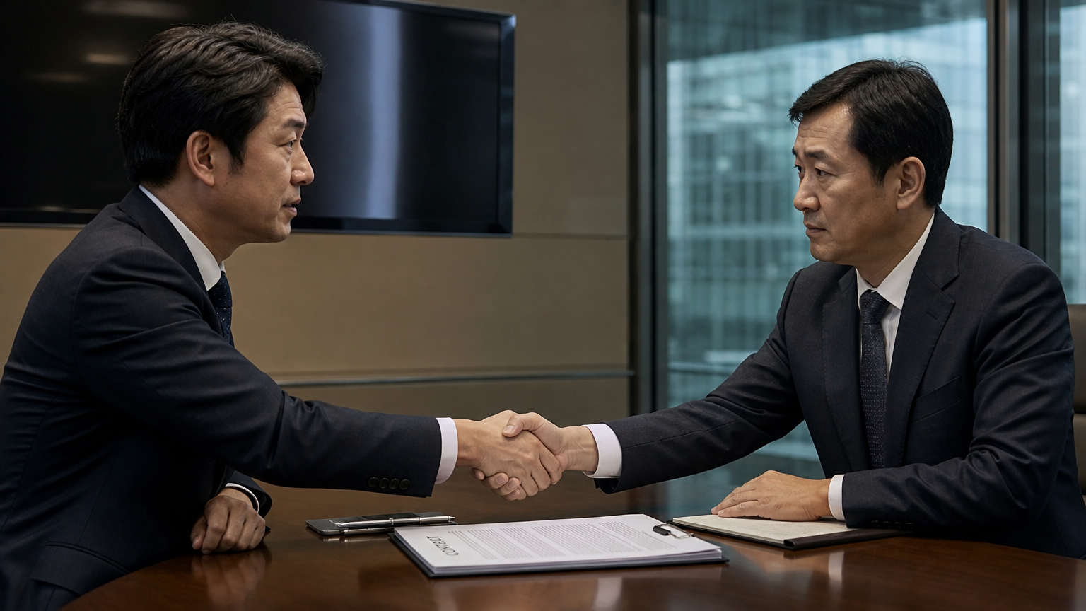 세련된 회의실에서 계약서를 두고 진지하게 악수하는 두 한국 사업가
