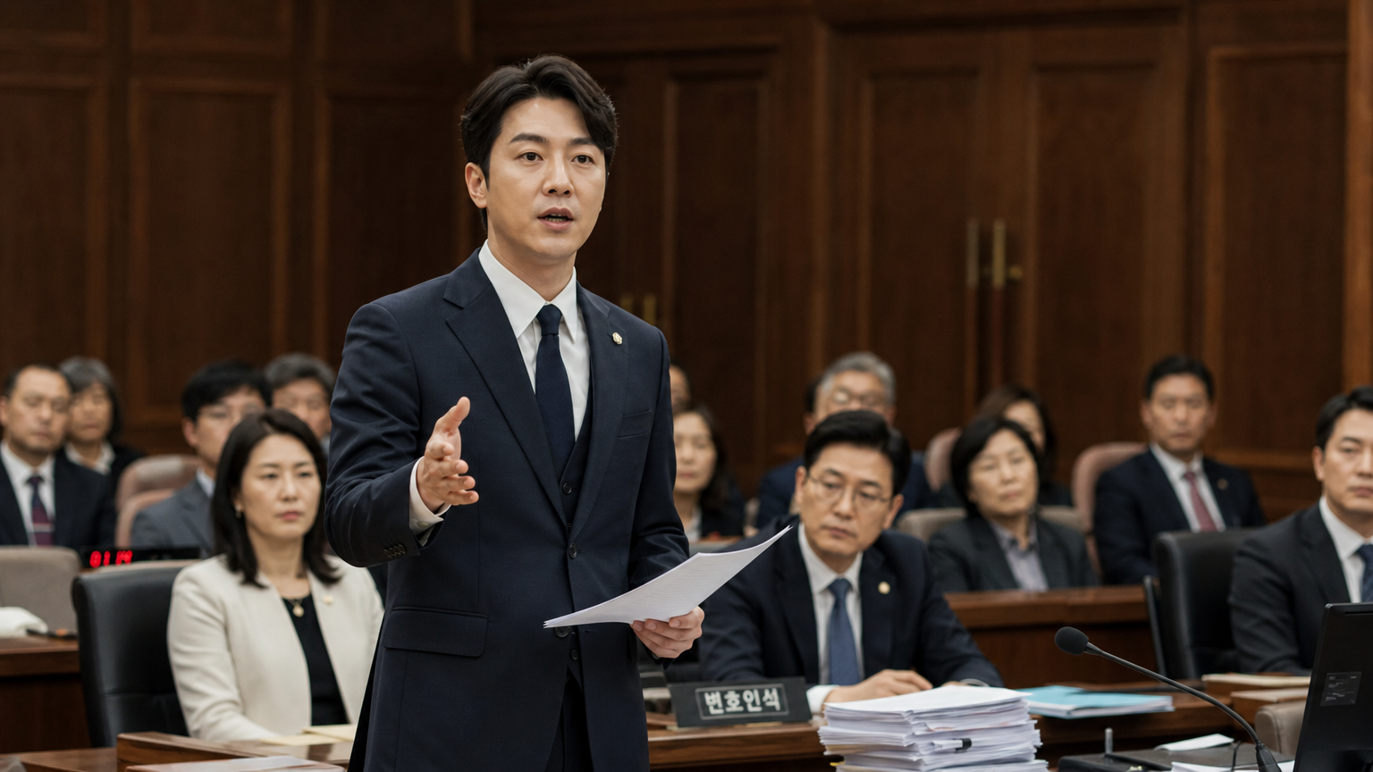 우아한 법정에서 사건을 발표하는 자신감 있는 한국 변호사와 주의를 기울이는 청중들