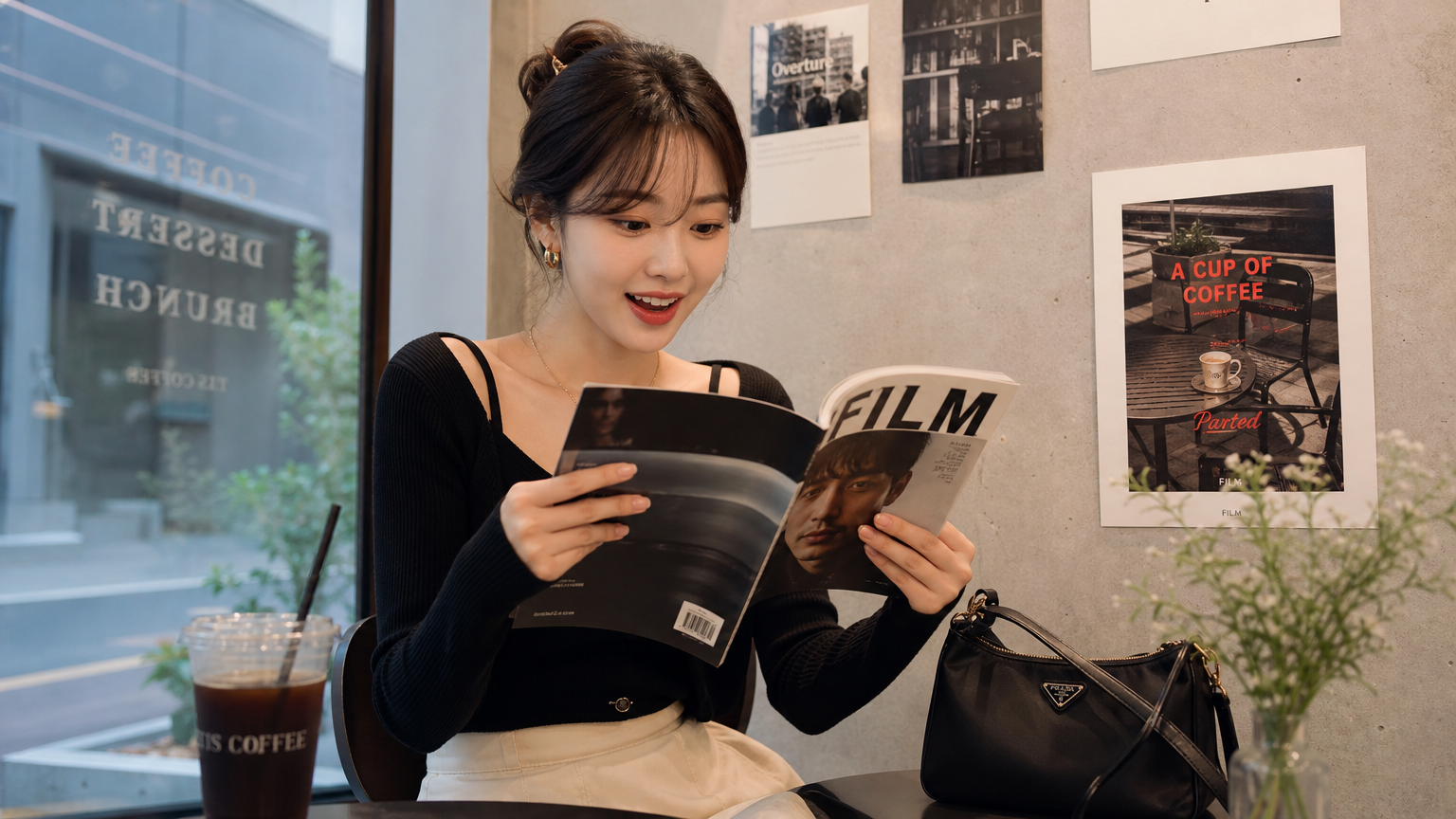 카페에서 영화 잡지를 읽으며 기대에 찬 현대 여성
