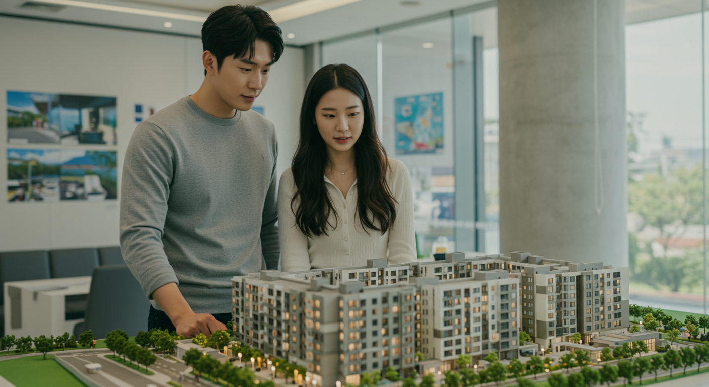 젊은 커플이 부동산 사무실에서 아파트 모형을 보며 희망찬 표정을 짓고 있는 모습