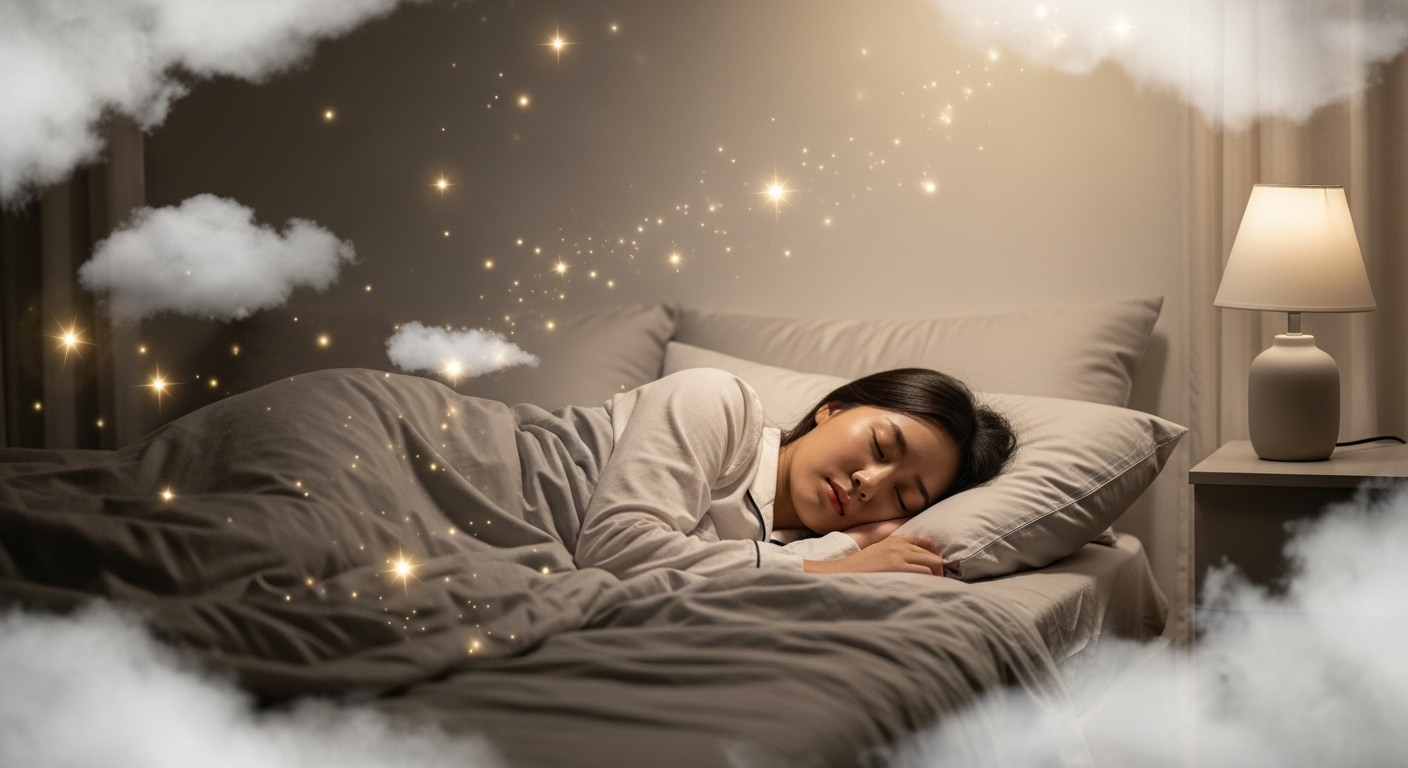 젊은 여성이 평화롭게 잠든 침실에 몽환적인 구름과 빛나는 별들이 둘러싸인 모습