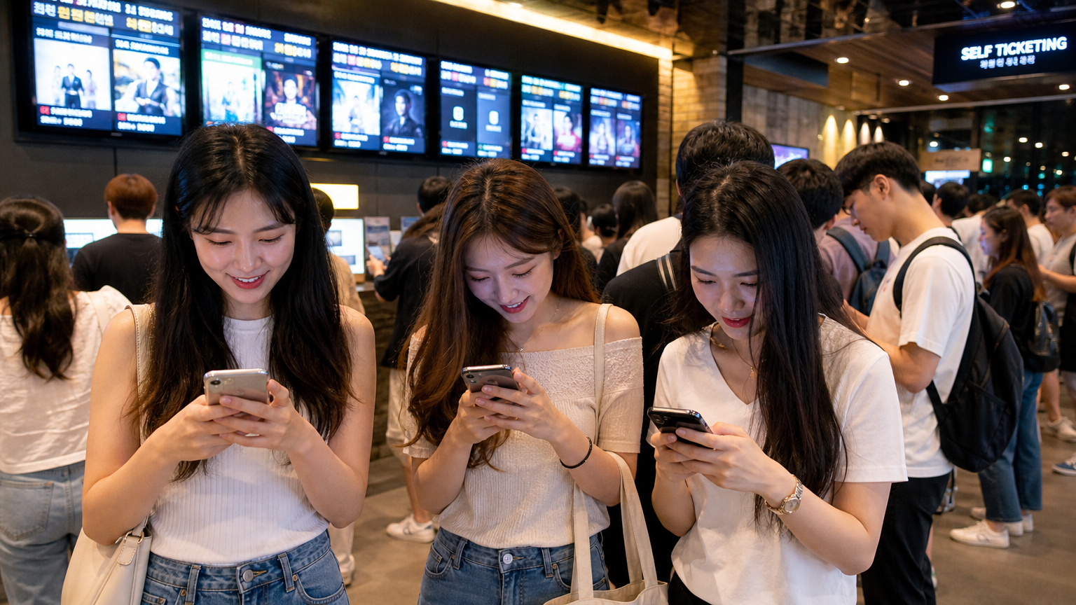 스마트폰으로 영화 시간표를 확인하며 설레는 관객들