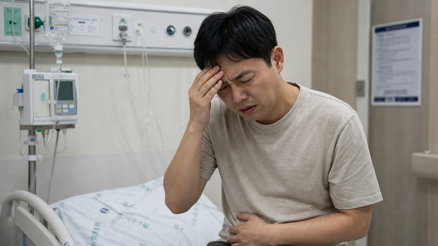 병원 침대에 앉아 어지럼증과 구토를 겪는 중년 남성의 모습