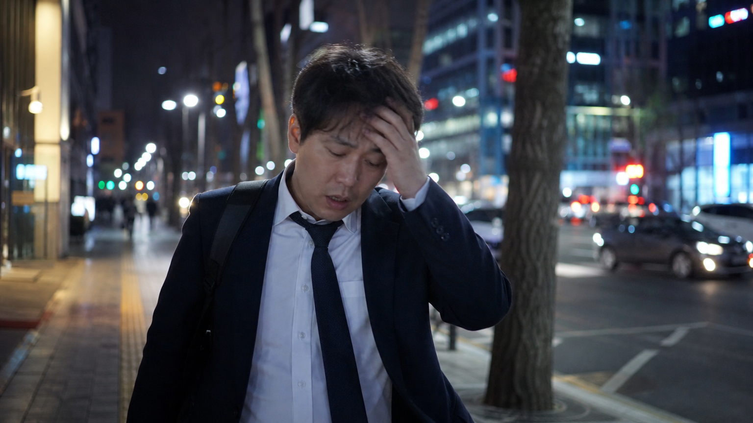 야간 도시에서 퇴근 후 집으로 가던 중 어지럼증을 느끼는 남성