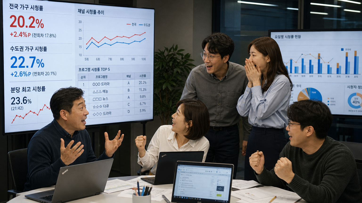 사무실에서 텔레비전 시청률을 논하며 차트와 그래프를 보는 사람들