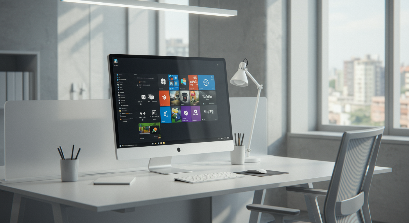 사무실에서 컴퓨터 화면에 윈도우11의 새로운 기능이 표시된 모습