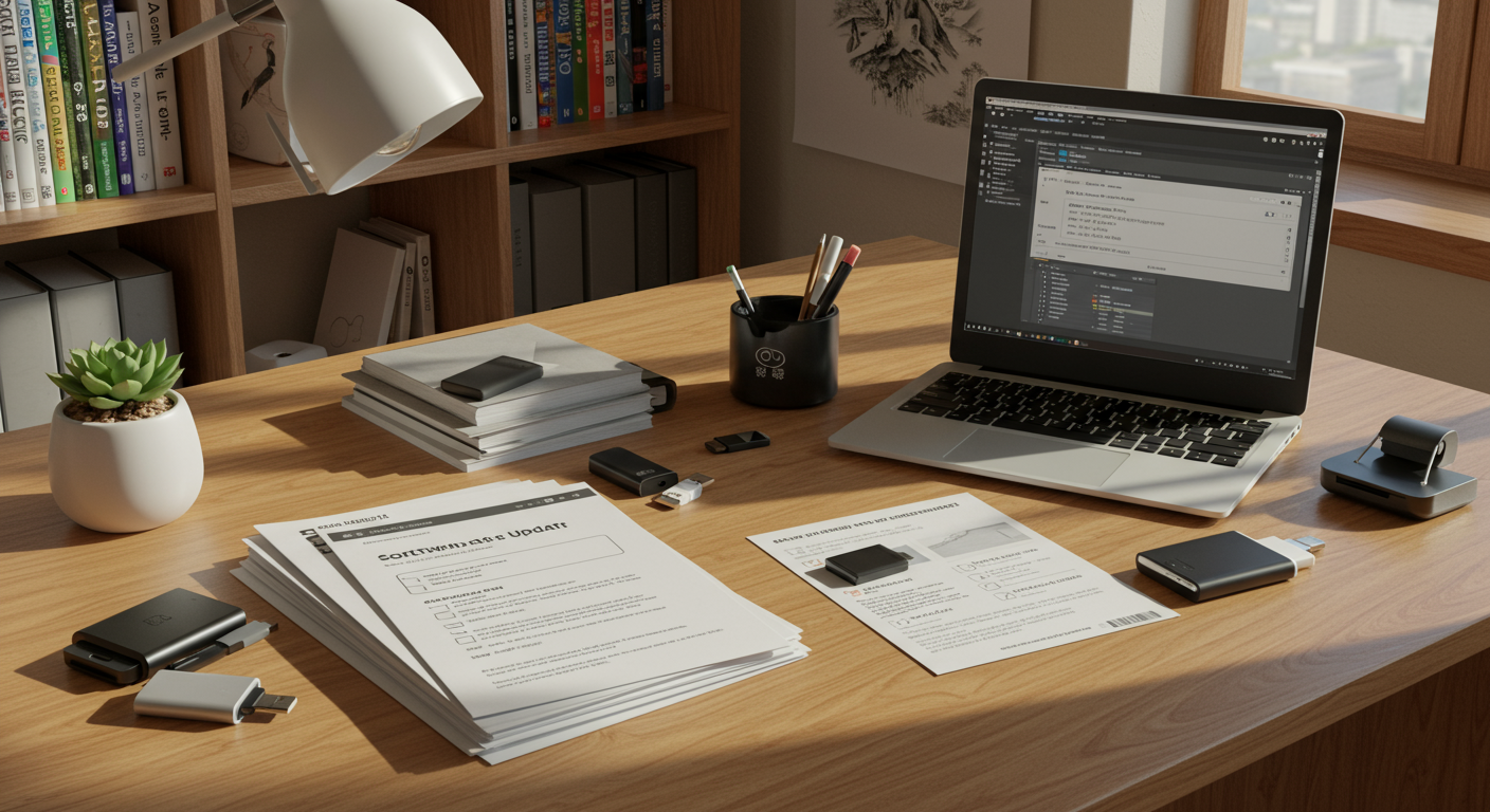소프트웨어 업데이트를 위한 체크리스트와 노트가 놓여 있는 깔끔한 작업 공간