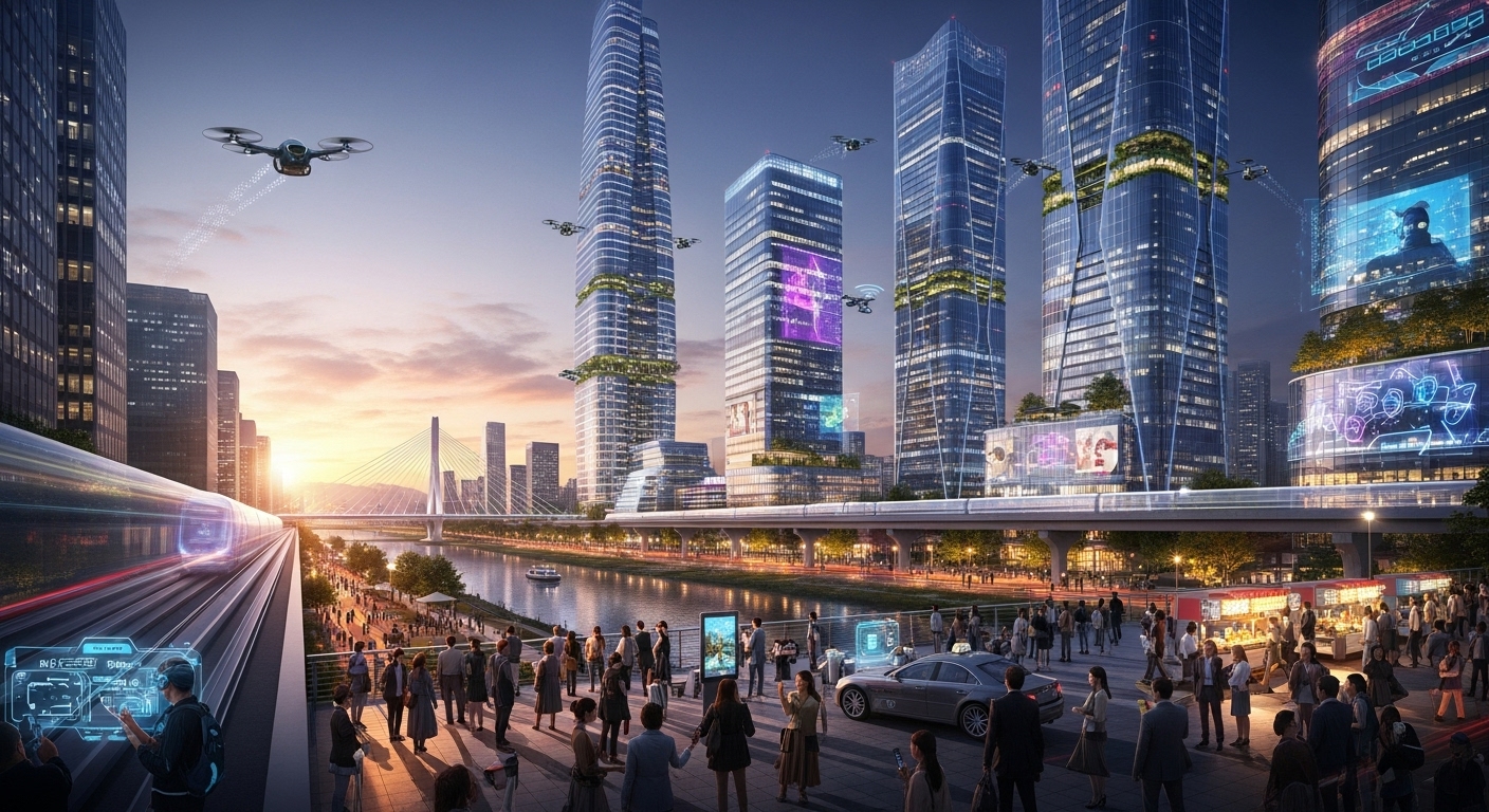 첨단 기술과 함께 발전하는 현대적 도시 풍경, 다양한 사람들이 오가는 번화한 거리 모습