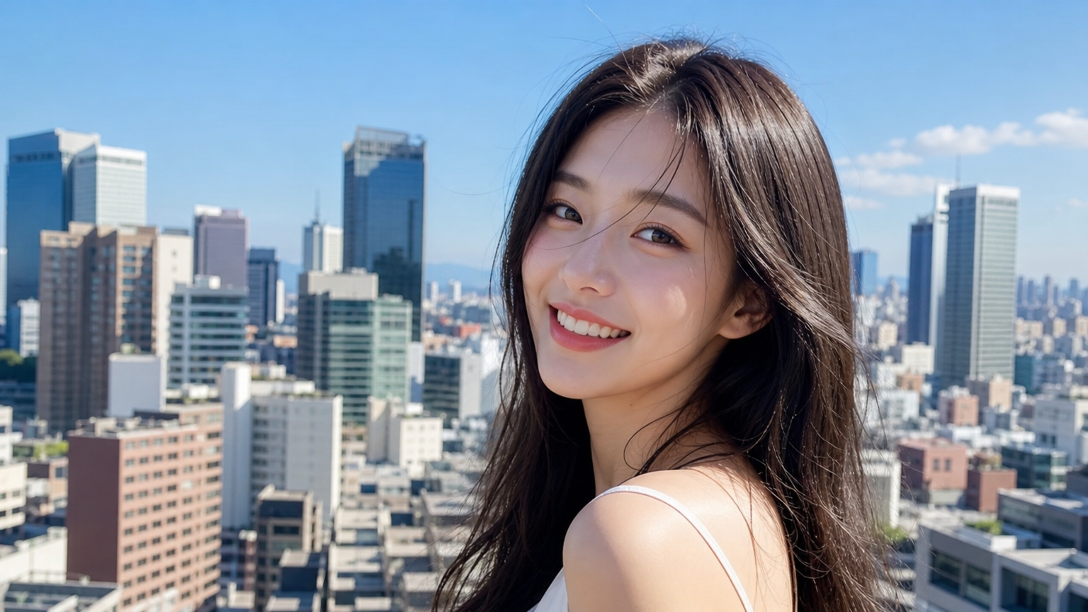 현대 도시 풍경 속에서 밝고 매력적인 미소를 가진 젊은 여배우