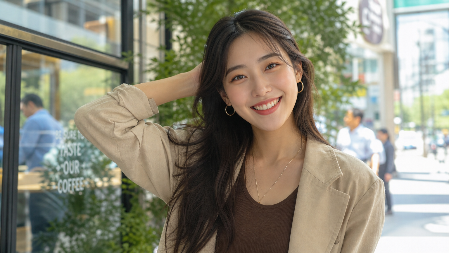활기찬 도시 환경 속에서 패셔너블하고 밝은 에너지를 지닌 아시아 여배우 초상화