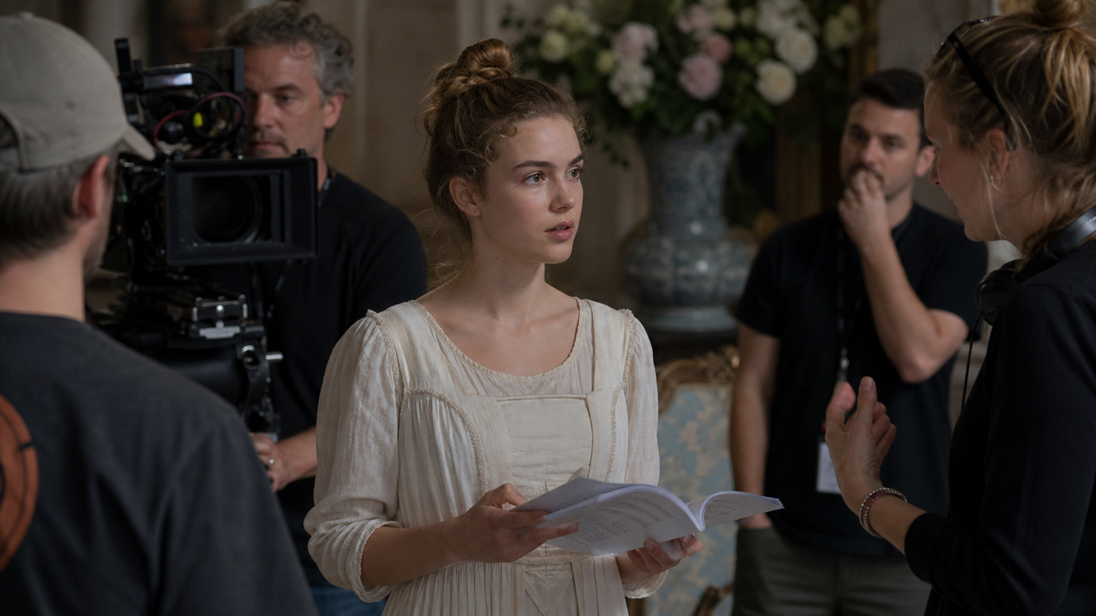 촬영장에서 집중하며 리허설 중인 젊은 여배우와 스태프들