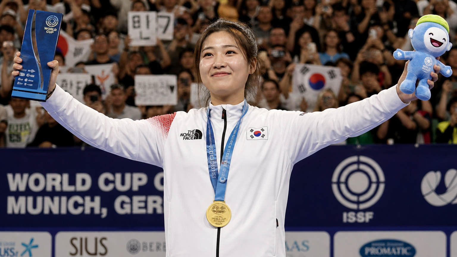 월드컵 시상대에서 메달을 든 채 환호하는 순간