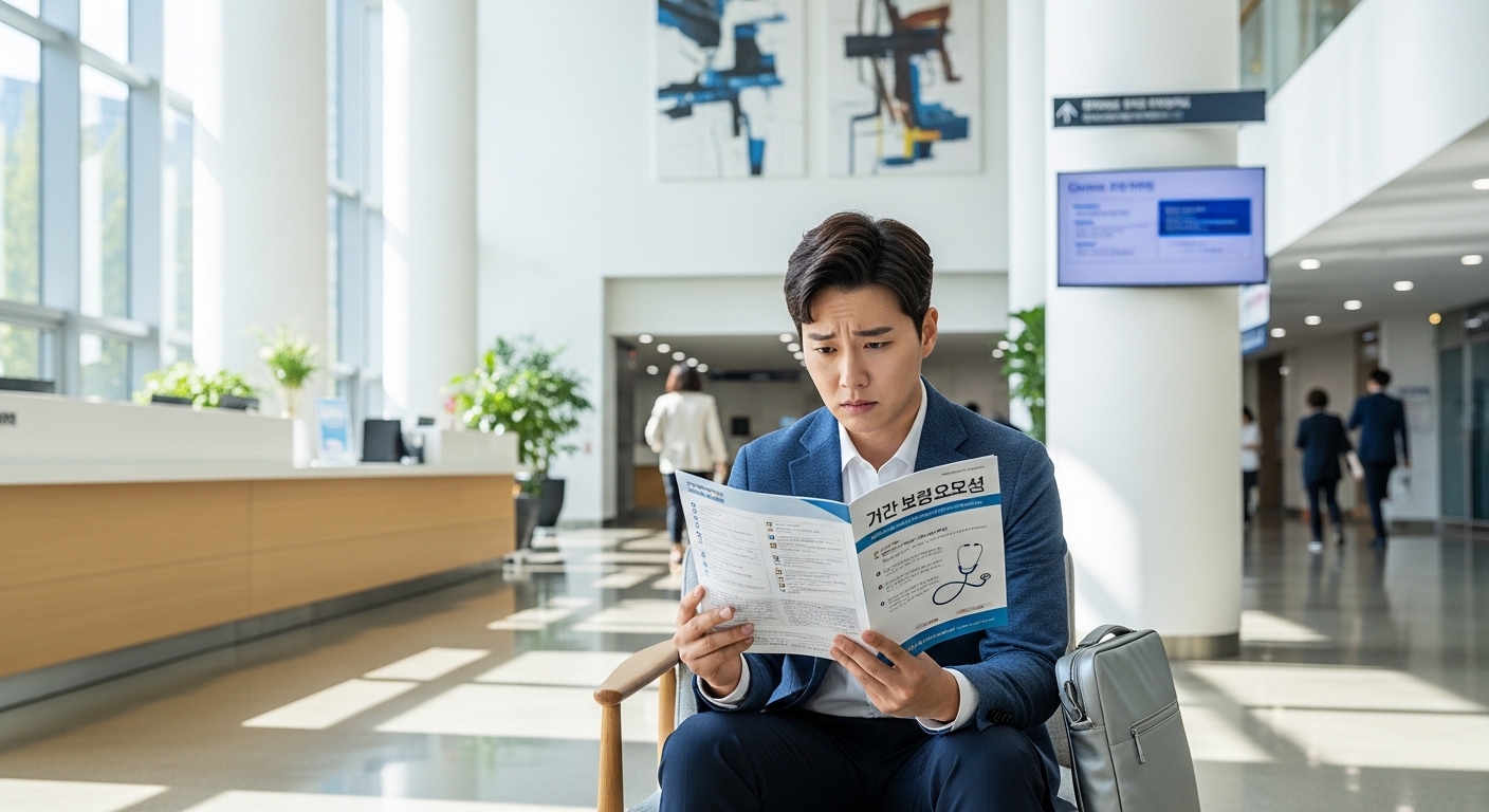 병원 로비에서 건강보험 관련 브로슈어를 읽고 있는 직장인의 모습