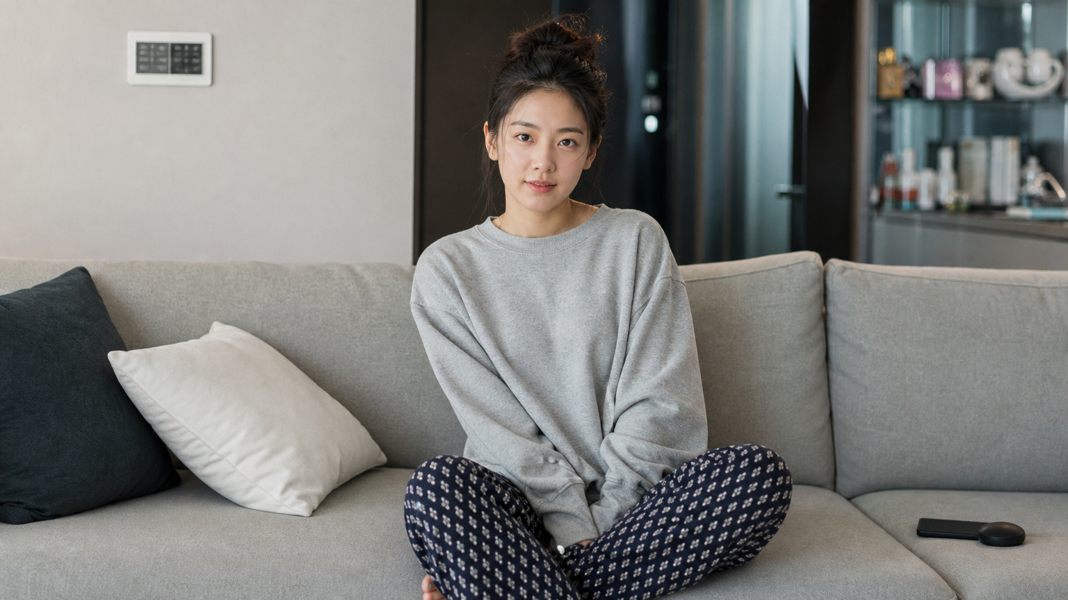 회색 스웨트셔츠와 화려한 바지를 입고 있는 배우 김민하의 캐주얼 패션