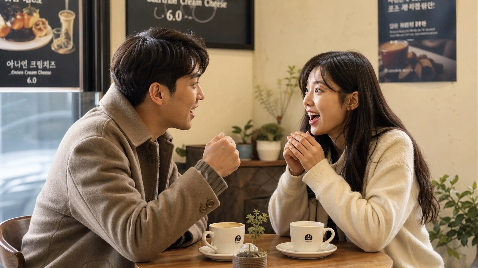 카페에서 커피를 마시며 드라마 마지막 회에 대해 이야기하는 젊은 커플