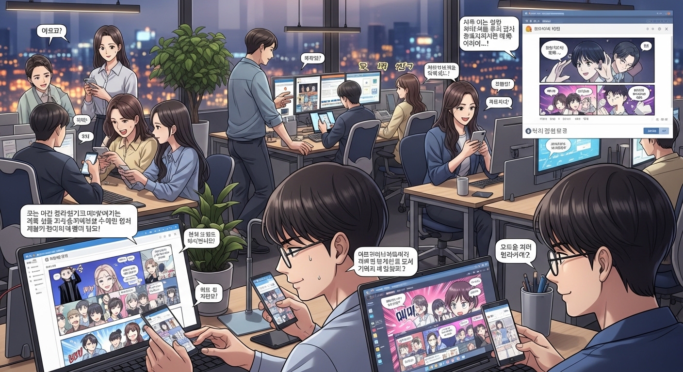 사람들이 노트북과 스마트폰으로 웹툰을 보며 열정적으로 댓글을 남기는 현대 사무실 풍경