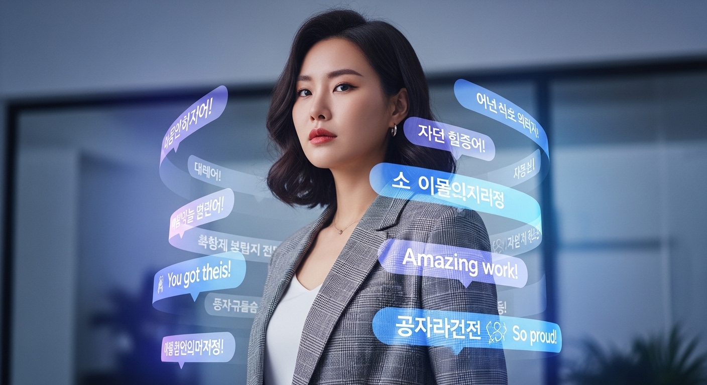 당당한 표정으로 서 있는 자신감 넘치는 젊은 여성이 가상 화면에 긍정적인 댓글들로 둘러싸여 있는 모습