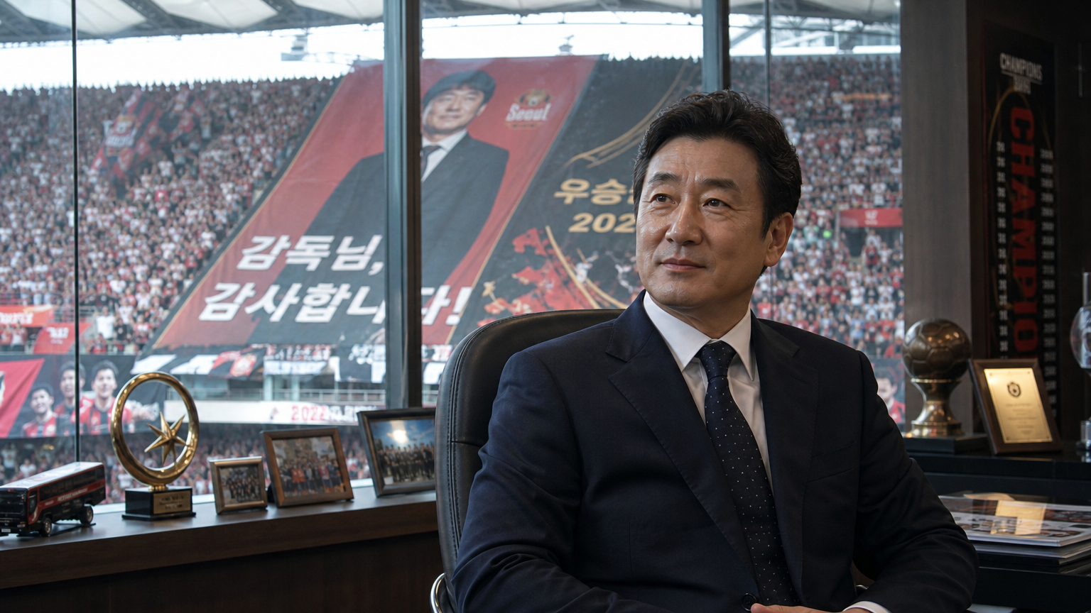 경기장을 내려다보며 환호하는 팬들로 가득 찬 사무실에서 그의 업적을 기리는 배너들