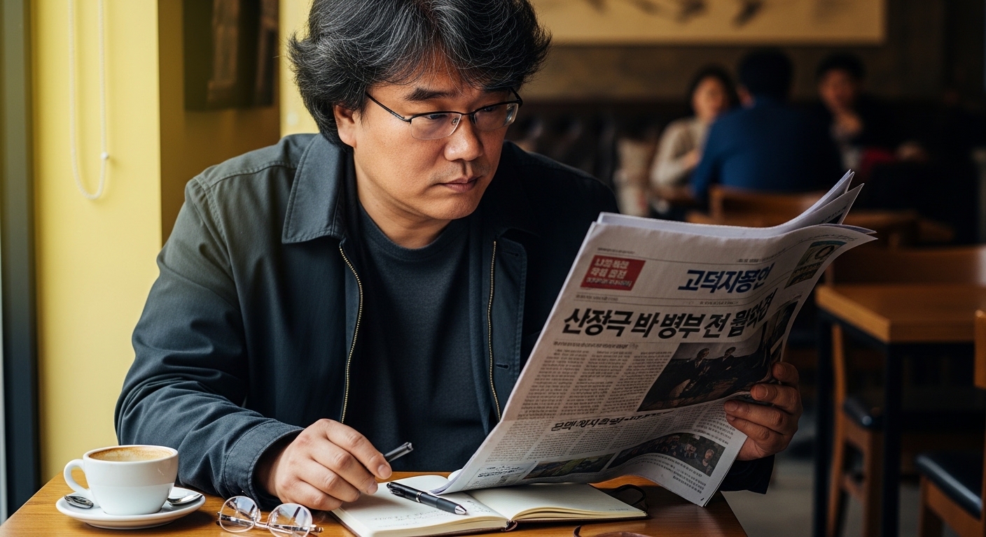 카페에서 신문을 읽으며 영화 아이디어를 떠올리는 한국 감독