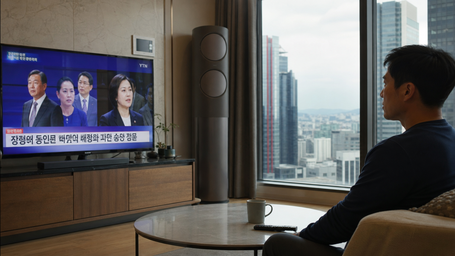 아파트에서 스캔들 관련 뉴스를 시청하는 남성