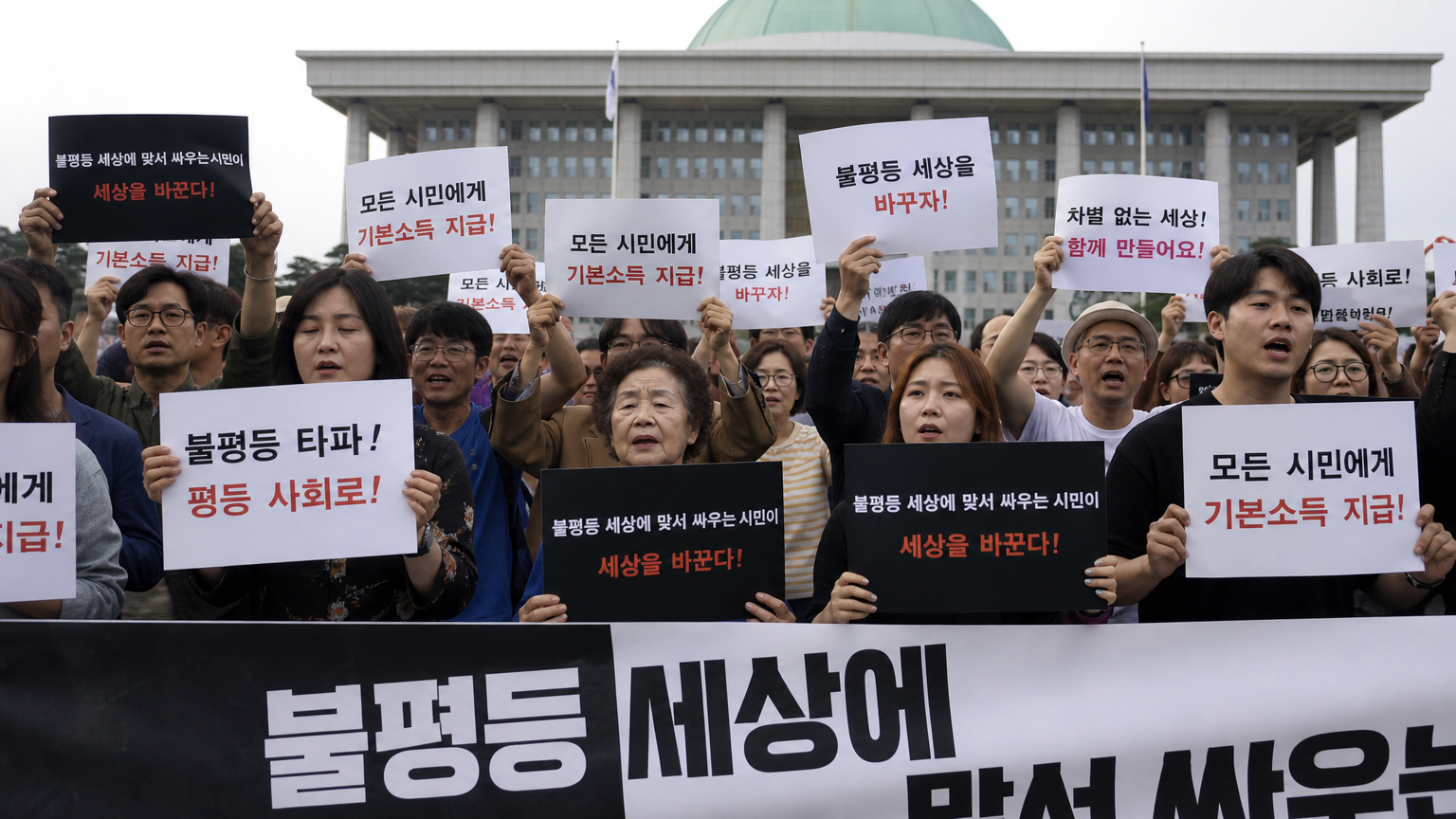 정의를 외치는 사람들이 정부 청사 앞에서 집회 중인 장면