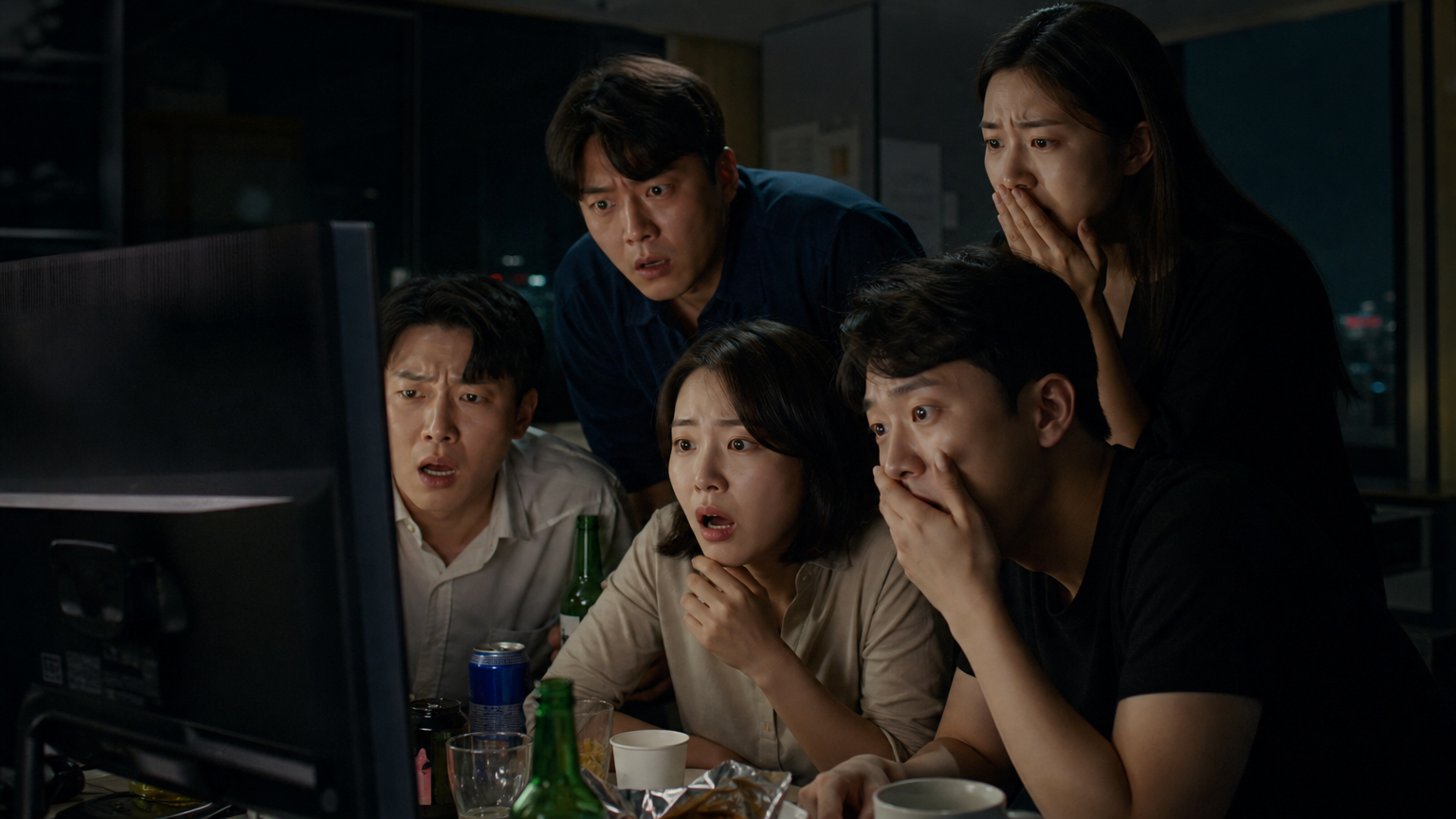 컴퓨터 화면을 보며 충격에 빠진 사람들