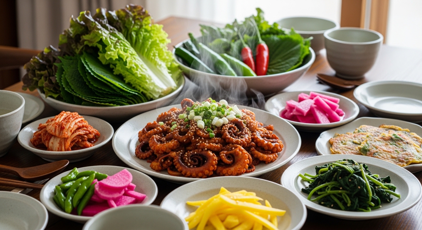 봄을 맞아 신선한 채소와 쭈꾸미 요리가 놓인 한국식 식탁