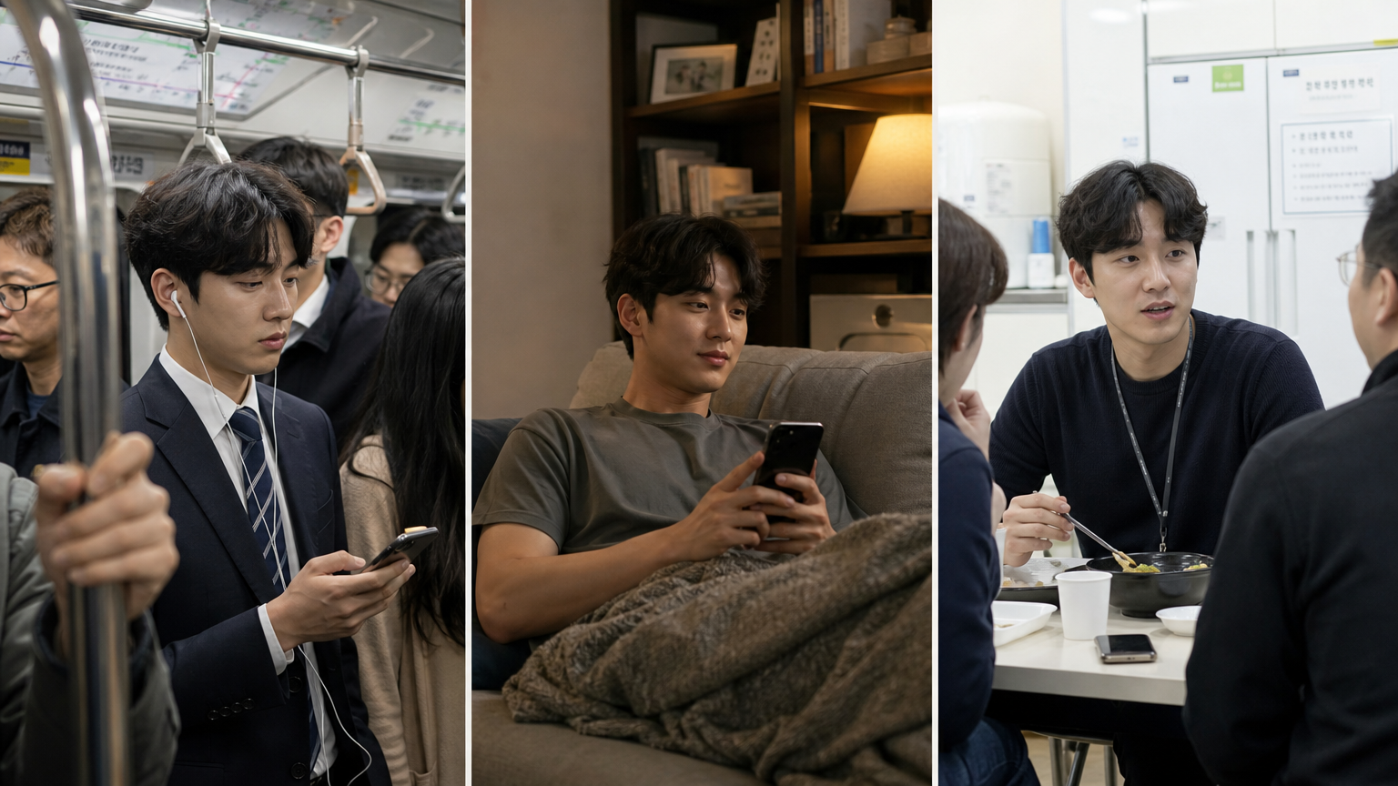 한국의 직장인이 출근길 지하철과 퇴근 후 소파에서 쉬고 있는 모습