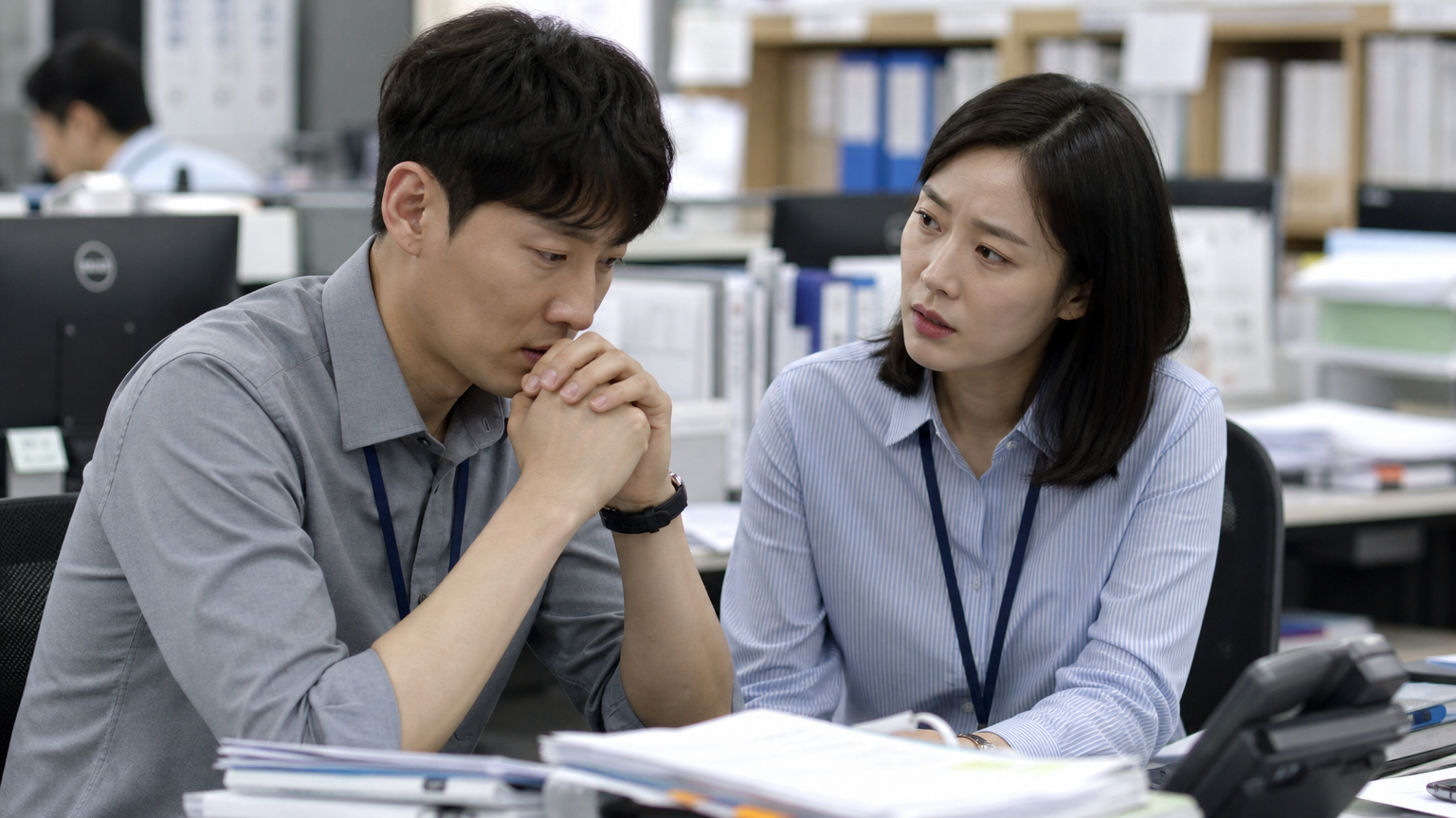 긴장된 대화를 나누는 한국 사무실 직원들의 모습