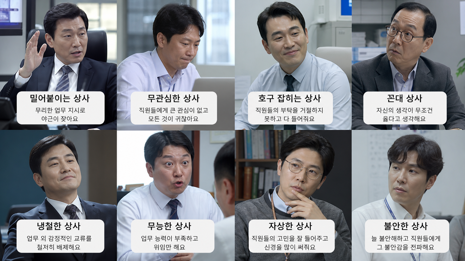 다양한 상사 유형을 보여주는 사무실 장면
