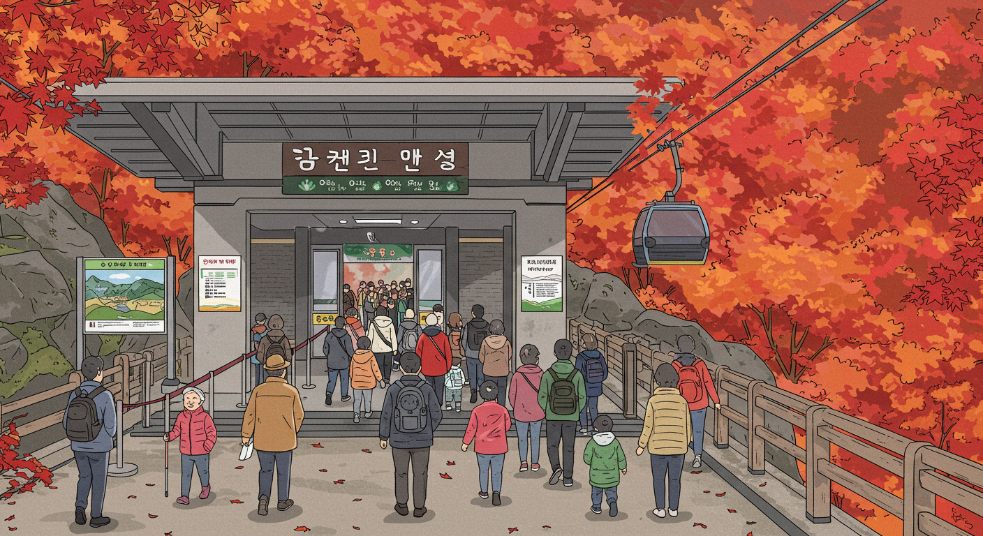 단풍 절정기에 내장산 케이블카를 기다리는 사람들