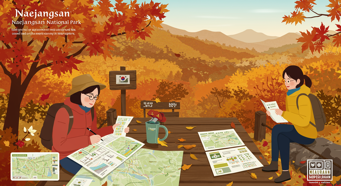 아침 일찍 계획을 세우는 관광객들과 가을 풍경