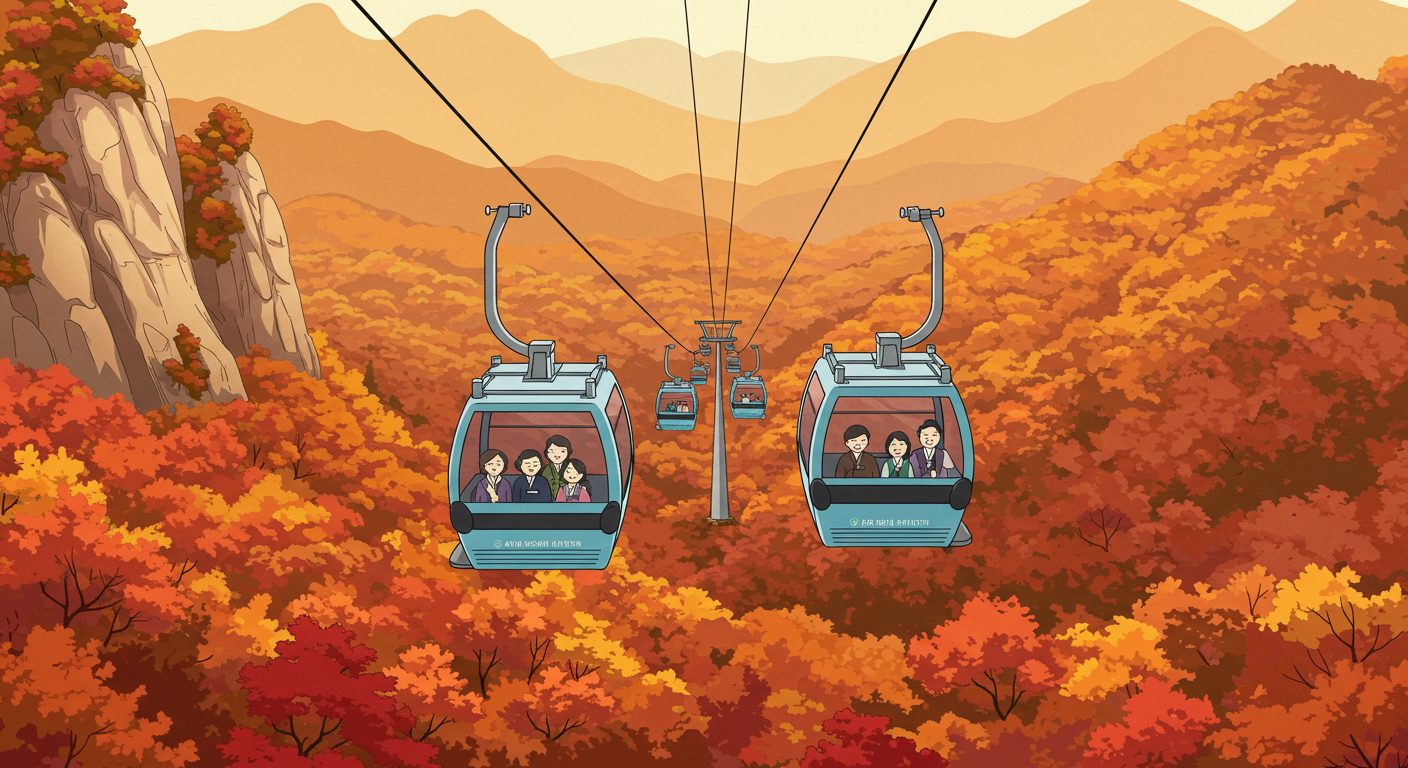 연자봉 중턱 전망대로 향하는 내장산 케이블카 전경