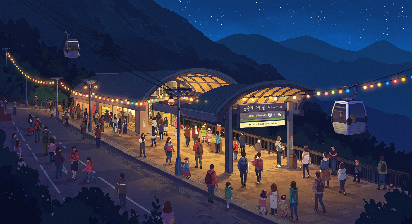 성수기 연장 운영 시간 동안 붐비는 케이블카 매표소