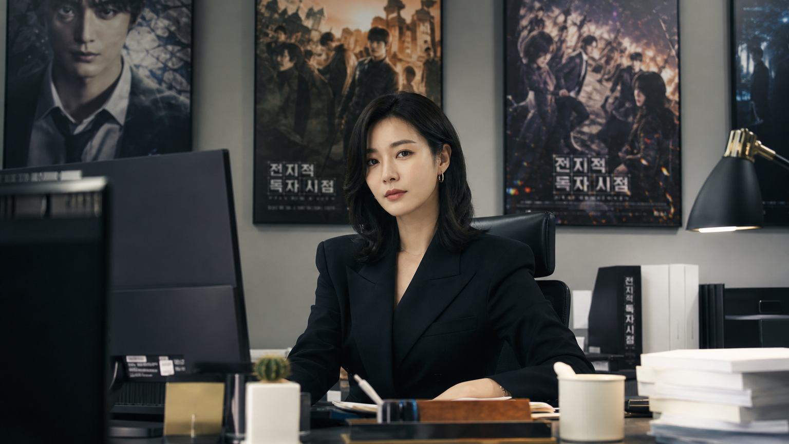 직장에서 일하는 차분하면서도 신비로운 분위기의 여성과 웹툰 포스터가 있는 사무실