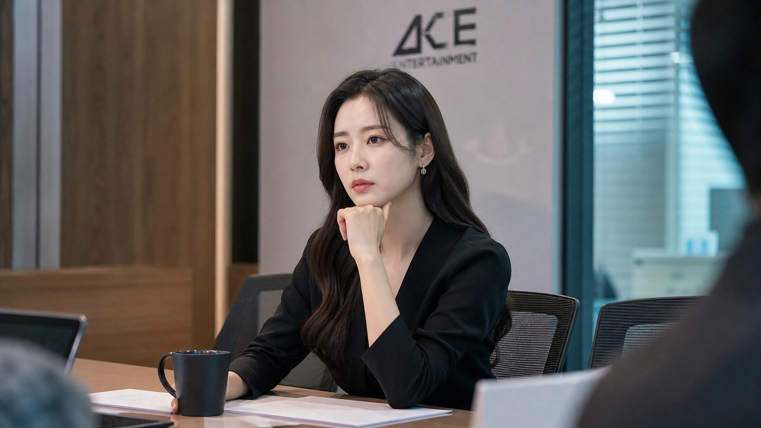 이름 변경을 고민하며 회의실에 앉아있는 한국 배우의 모습