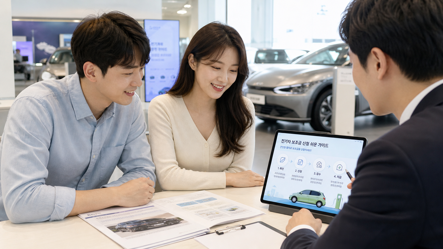 젊은 커플이 자동차 대리점에서 서류와 태블릿을 보고 있는 모습