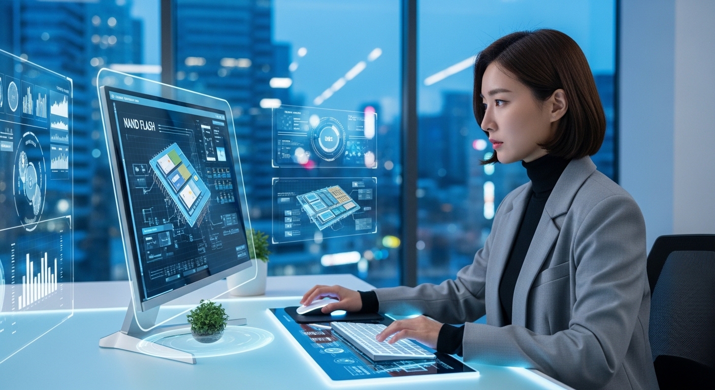 현대적인 사무실에서 미래지향적인 낸드 플래시 메모리 기술을 분석하는 직장인의 모습