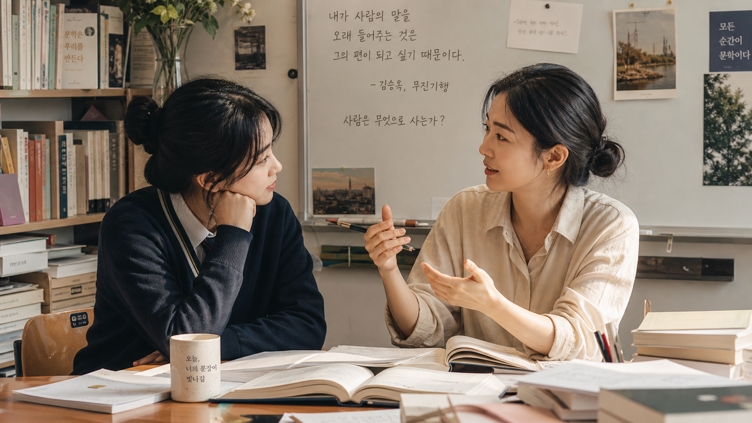 문학을 주제로 깊은 대화를 나누는 선생님과 학생