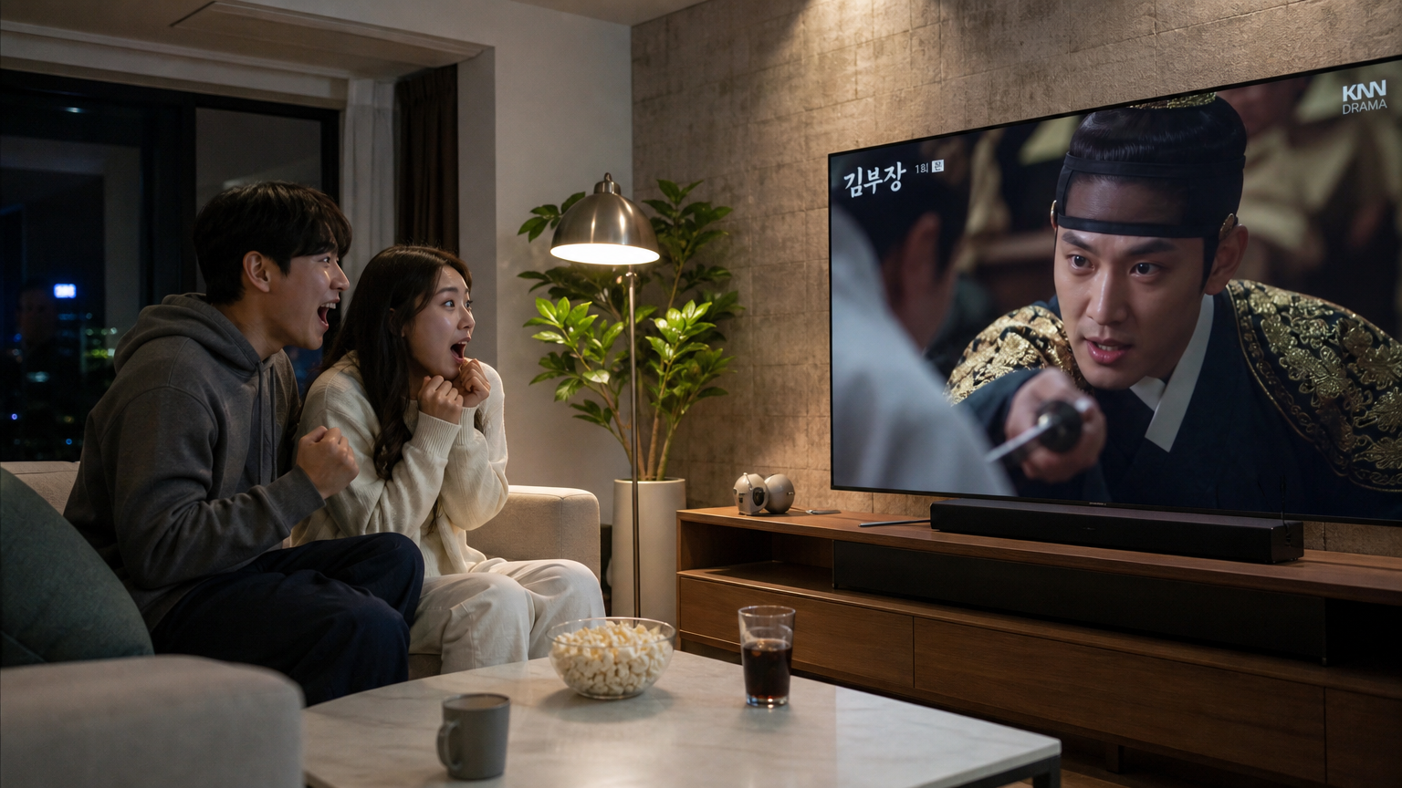현대식 거실에서 흥미롭게 '김부장'을 시청하는 젊은 커플