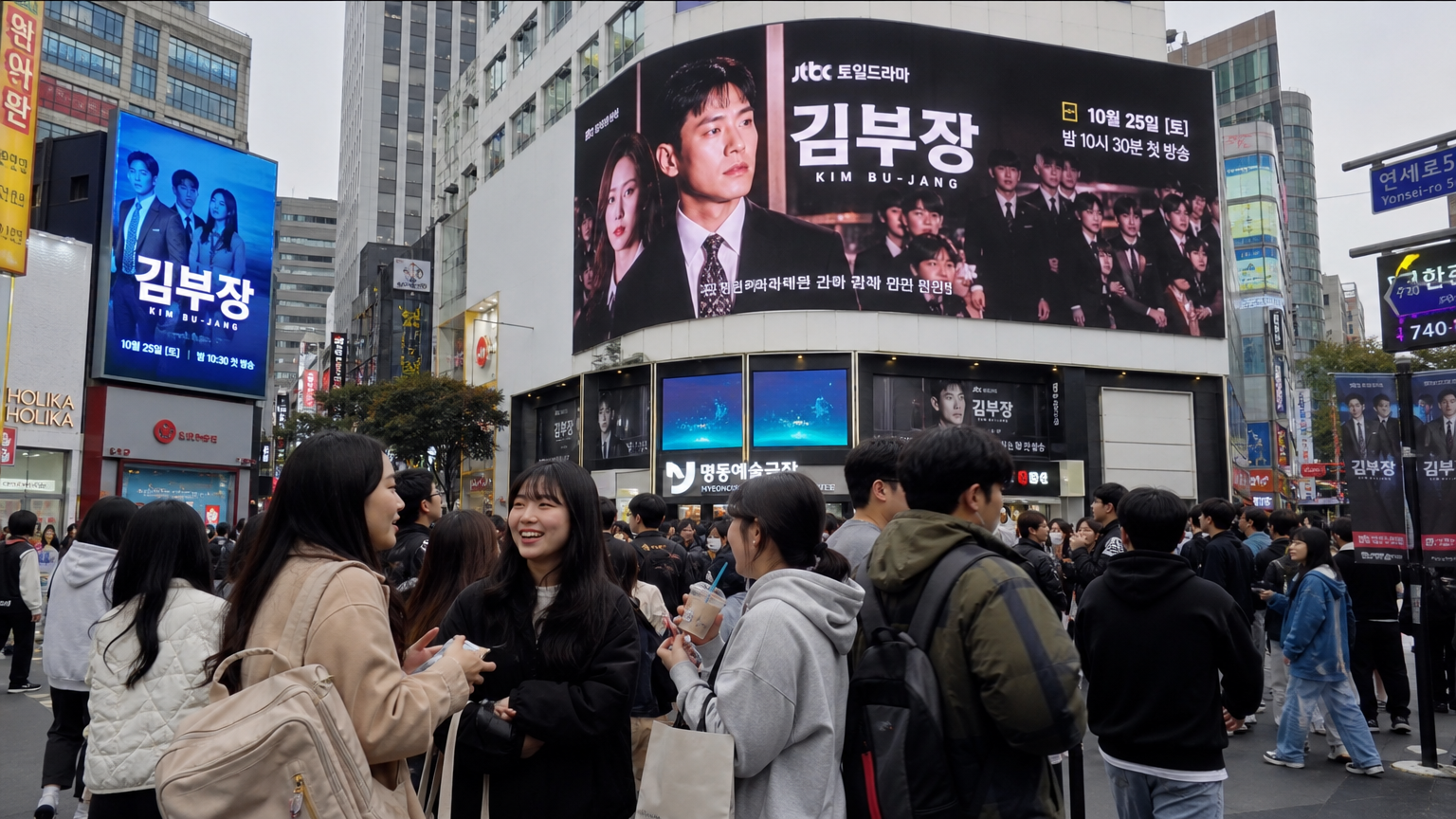 서울 거리에서 '김부장' 광고판과 이를 둘러싼 사람들의 활기찬 모습