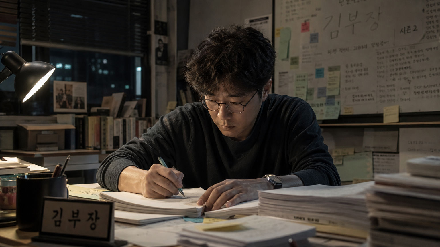 늦은 밤 '김부장' 대본 작업에 몰두하는 작가의 집중된 모습