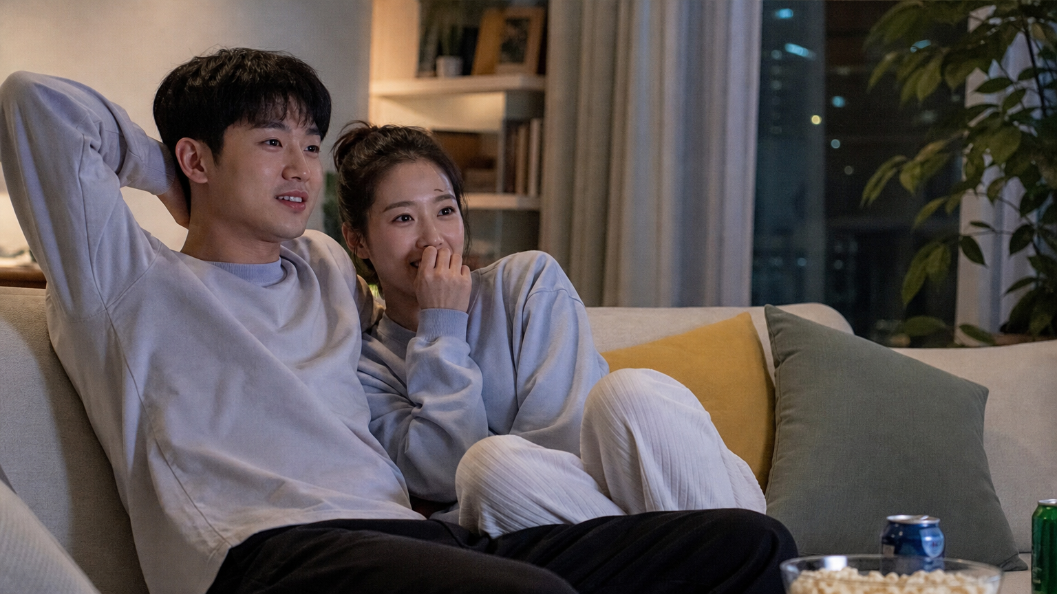 커플이 소파에 앉아 로맨스 리얼리티 쇼를 시청하는 장면