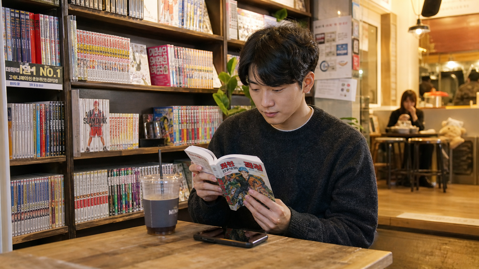 카페에서 만화를 읽고 있는 성인
