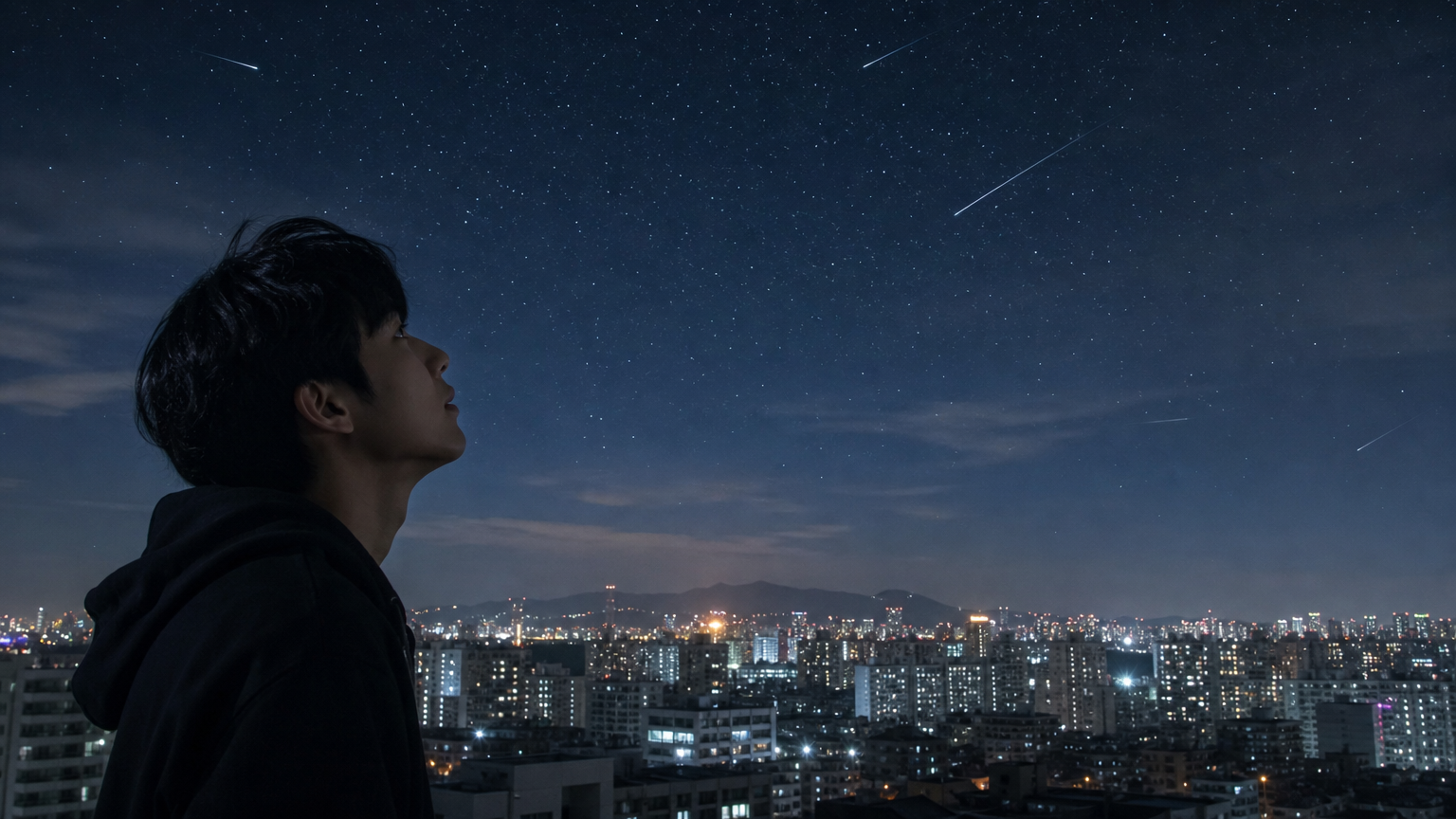 별똥별을 보며 생각에 잠긴 사람