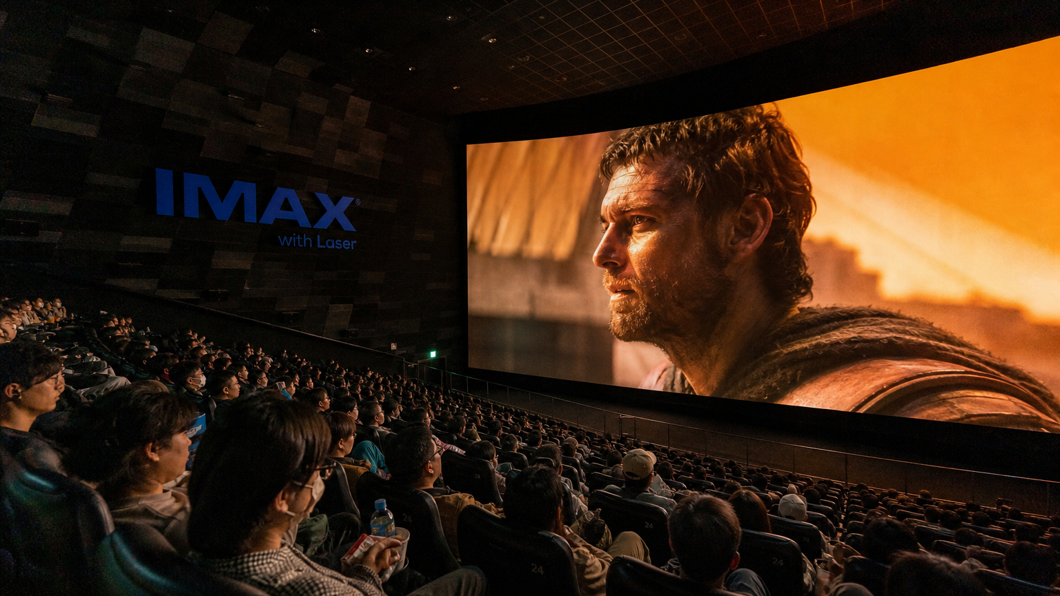 IMAX 극장에서 몰입하여 영화를 집중해서 보는 성인들의 모습