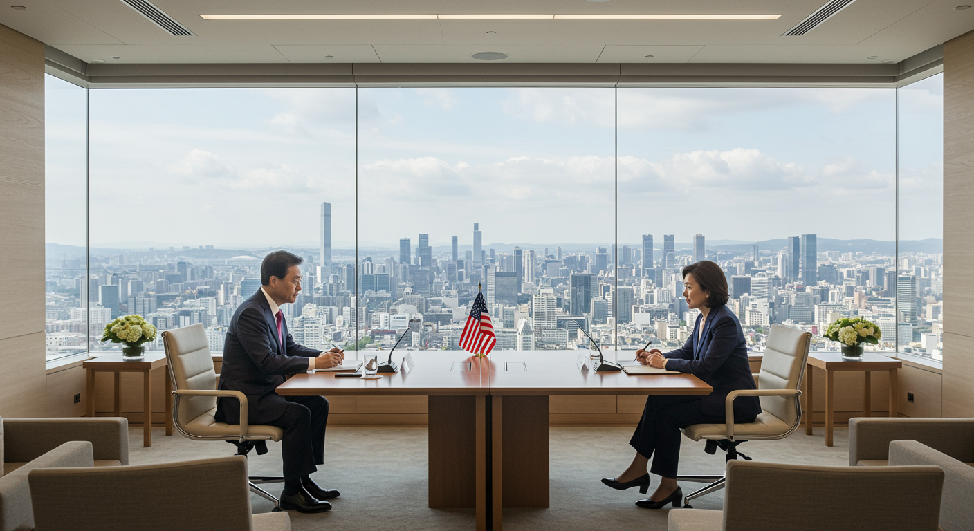 한국과 미국 지도자가 현대적인 회의실에서 미래 전략을 논의하는 모습, 창밖으로 보이는 도시 풍경
