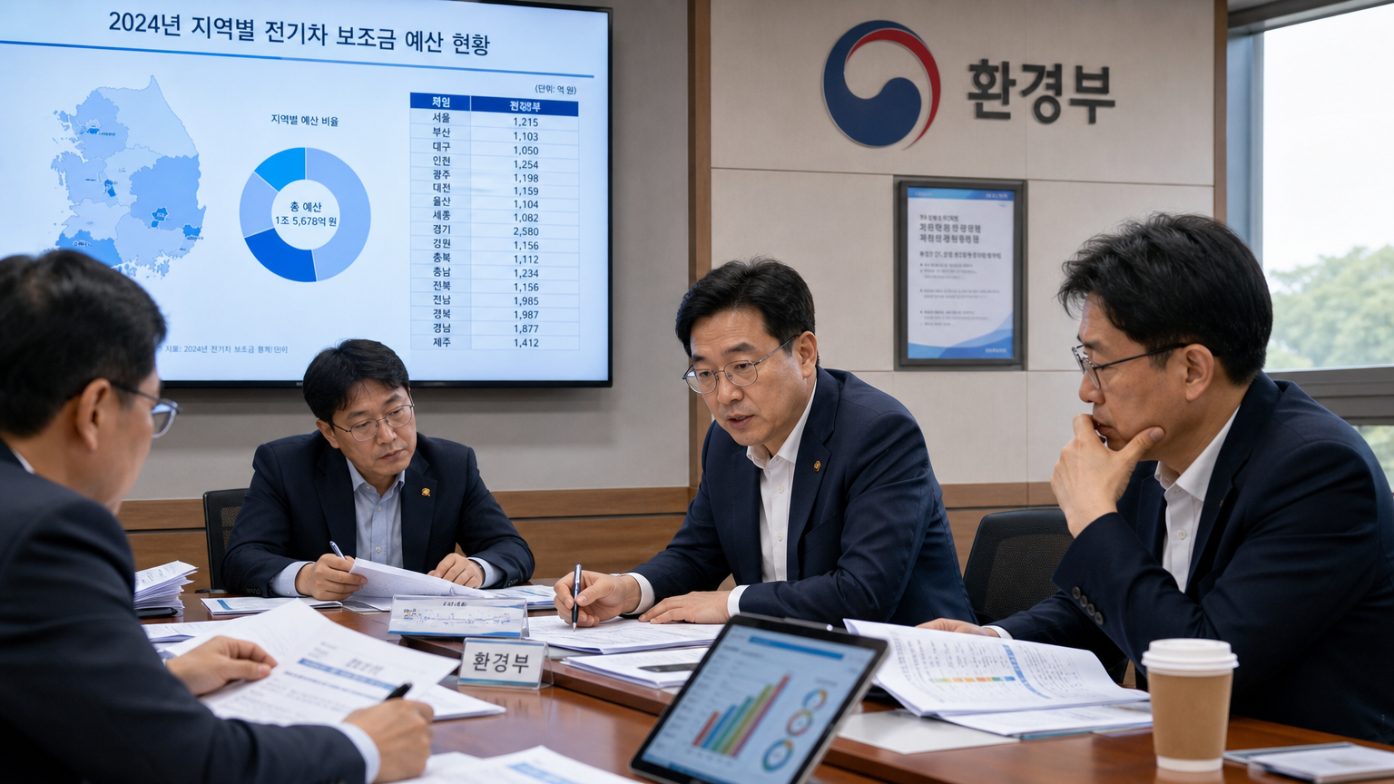 정부 관공서에서 공무원들이 지역별 전기차 보조금을 논의하는 장면