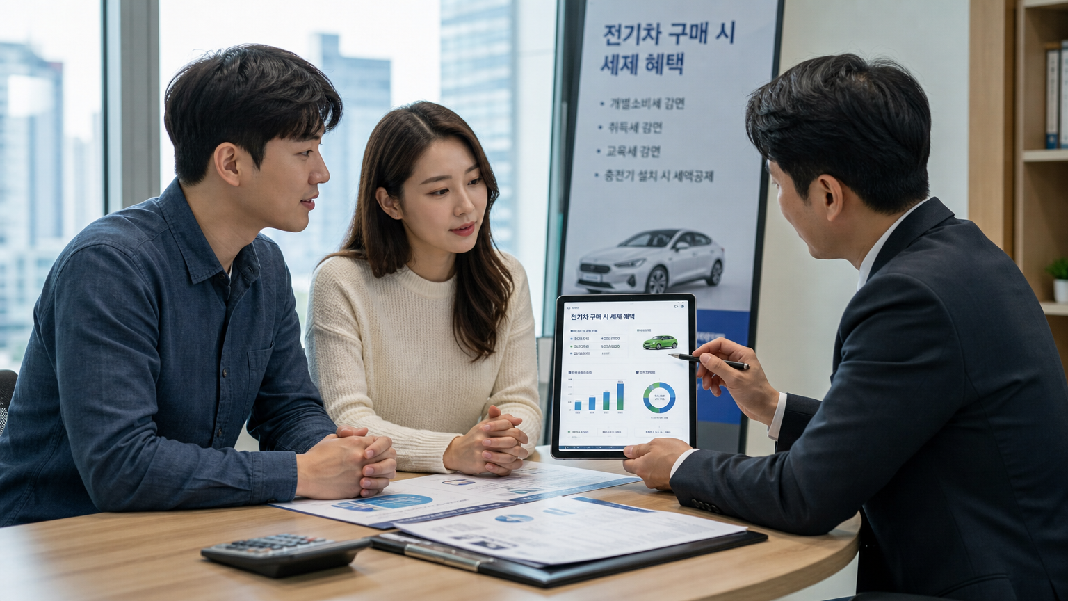 젊은 부부가 사무실에서 재정 상담사와 전기차 구매 세제 혜택을 논의하는 장면